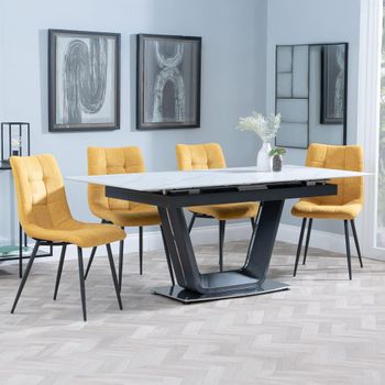 Alpha White Ceramic 6-8 Seater 140cm-180cm Extending Dining Set with Corona Yellow Fabric Chairs