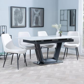 Alpha White Ceramic 6-8 Seater 140cm-180cm Extending Dining Set with Darwin Cream Fabric Chairs