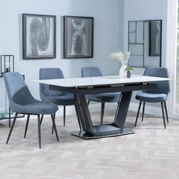 Alpha White Ceramic 6-8 Seater 140cm-180cm Extending Dining Set with Darwin Dark Grey Fabric Chairs