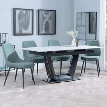 Alpha White Ceramic 6-8 Seater 140cm-180cm Extending Dining Set with Darwin Green Fabric Chairs