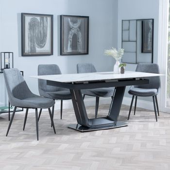 Alpha White Ceramic 6-8 Seater 140cm-180cm Extending Dining Set with Darwin Grey Fabric Dining Chair