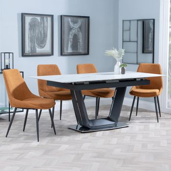 Alpha White Ceramic 6-8 Seater 140cm-180cm Extending Dining Set with Darwin Orange Fabric Chairs