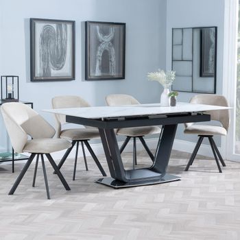 Alpha White Ceramic 6-8 Seater 140-180cm Extending Dining Set with Ion Swivel Beige Chairs