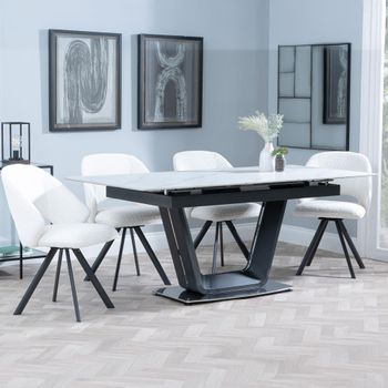Alpha White Ceramic 6-8 Seater 140cm-180cm Extending Dining Set with Ion Swivel Cream Boucle Chairs