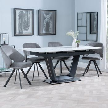 Alpha White Ceramic 6-8 Seater 140-180cm Extending Dining Set with Ion Swivel Dark Grey Chairs