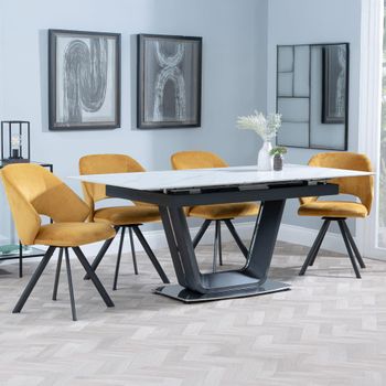 Alpha White Ceramic 6-8 Seater 140-180cm Extending Dining Set with Ion Swivel Mustard Chairs