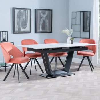 Alpha White Ceramic 6-8 Seater 140-180cm Extending Dining Set with Ion Swivel Orange Chairs