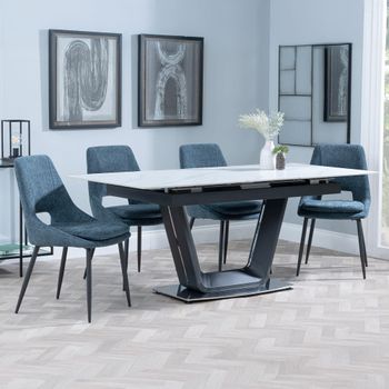 Alpha White Ceramic 6-8 Seater 140cm-180cm Extending Dining Set with Peyton Blue Fabric Dining Chair