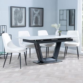 Alpha White Ceramic 6-8 Seater 140cm-180cm Extending Dining Set with Peyton Cream Fabric Chairs