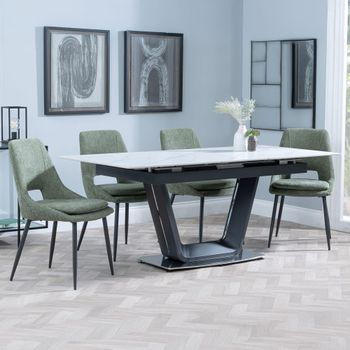 Alpha White Ceramic 6-8 Seater 140cm-180cm Extending Dining Set with Peyton Green Fabric Chairs