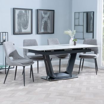 Alpha White Ceramic 6-8 Seater 140cm-180cm Extending Dining Set with Peyton Grey Fabric Dining Chair