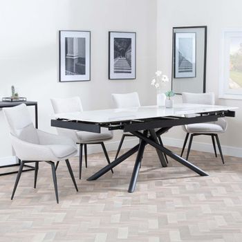 Apollo White Ceramic 6-8 Seater 160cm-220cm Extending Dining Set with Ace Swivel Beige Chairs