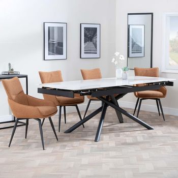 Apollo White Ceramic 6-8 Seater 160cm-220cm Extending Dining Set with Ace Swivel Orange Chairs