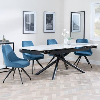 Apollo White Ceramic 6-8 Seater 160-220cm Extending Dining Set with Arctic Swivel Blue Chairs