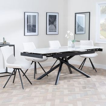 Apollo White Ceramic 6-8 Seater 160cm-220cm Extending Dining Set with Boden Swivel Cream Chairs