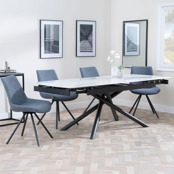 Apollo White Ceramic 6-8 Seater 160cm-220cm Extending Dining Set with Boden Swivel Dark Grey Chairs
