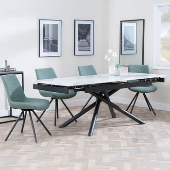 Apollo White Ceramic 6-8 Seater 160cm-220cm Extending Dining Set with Boden Swivel Green Chairs