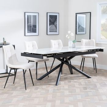 Apollo White Ceramic 6-8 Seater 160cm-220cm Extending Dining Set with Corona Beige Chairs