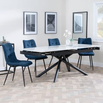 Apollo White Ceramic 6-8 Seater 160cm-220cm Extending Dining Set with Corona Blue Chairs