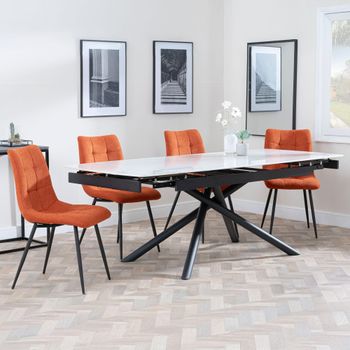 Apollo White Ceramic 6-8 Seater 160cm-220cm Extending Dining Set with Corona Orange Chairs