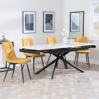 Apollo White Ceramic 6-8 Seater 160cm-220cm Extending Dining Set with Corona Yellow Chairs