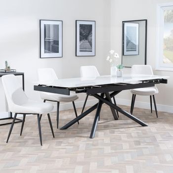Apollo White Ceramic 6-8 Seater 160cm-220cm Extending Dining Set with Darwin Cream Fabric Chairs