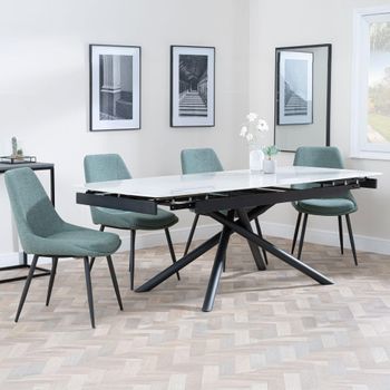 Apollo White Ceramic 6-8 Seater 160cm-220cm Extending Dining Set with Darwin Green Fabric Chairs