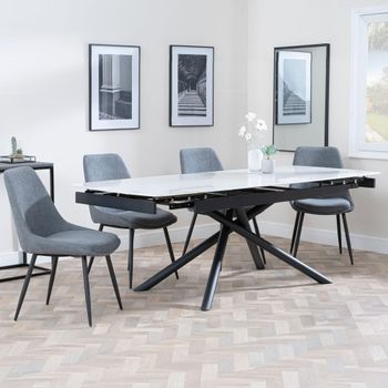 Apollo White Ceramic 6-8 Seater 160cm-220cm Extending Dining Set with Darwin Grey Fabric Chairs
