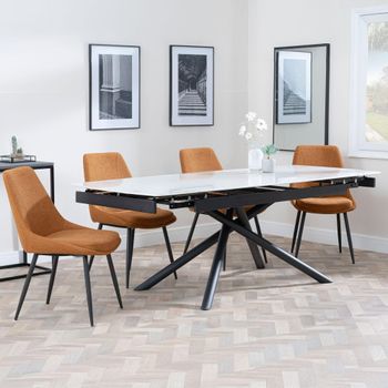Apollo White Ceramic 6-8 Seater 160cm-220cm Extending Dining Set with Darwin Orange Fabric Chairs