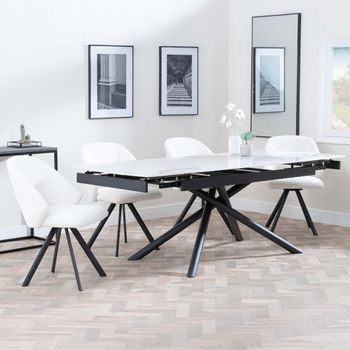 Apollo White Ceramic 6-8 Seater 160cm-220cm Extending Dining Set with Ion Swivel Cream Boucle Chairs