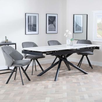 Apollo White Ceramic 6-8 Seater 160-220cm Extending Dining Set with Ion Swivel Dark Grey Chairs