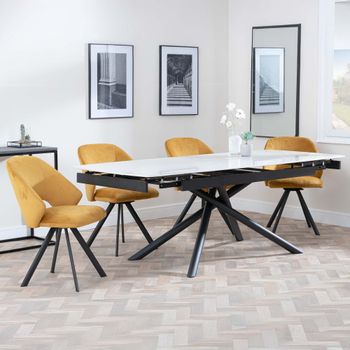 Apollo White Ceramic 6-8 Seater 160-220cm Extending Dining Set with Ion Swivel Mustard Chairs