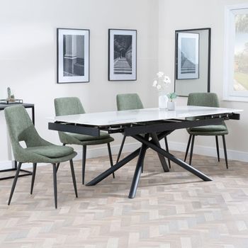 Apollo White Ceramic 6-8 Seater 160cm-220cm Extending Dining Set with Peyton Green Fabric Chairs