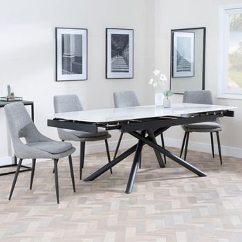 Apollo White Ceramic 6-8 Seater 160cm-220cm Extending Dining Set with Peyton Grey Fabric Chairs