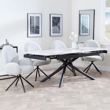 Apollo White Ceramic 6-8 Seater 160cm-220cm Extending Dining Set with Theo Swivel Grey Fabric Chairs