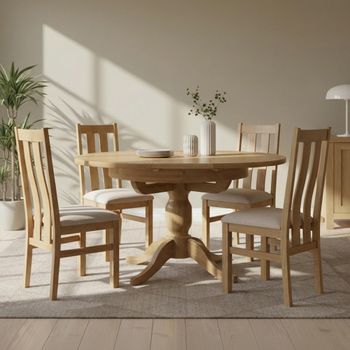 Appleby Oak 2-4 Seater 100-140cm Extending Dining Set with 4 Arizona Slatted Chairs & Beige Seat Pad