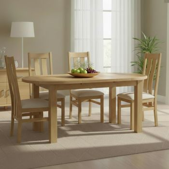 Appleby Oak 4-6 Seater 130-170cm Extending Dining Set with 4 Arizona Slatted Chairs & Beige Seat Pad