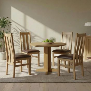 Appleby Oak 4 Seater 30-90cm Round Drop Leaf Dining Set with 4 Arizona Chairs & Black Seat Pad