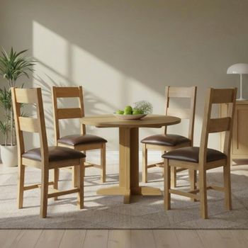 Appleby Oak 4 Seater 30-90cm Round Drop Leaf Dining Set with 4 Ladder Back Chairs & Black Seat Pad