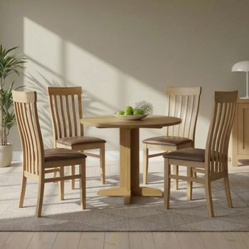 Appleby Oak 4 Seater 30-90cm Round Drop Leaf Dining Set with 4 Toulouse Chairs & Black Seat Pad