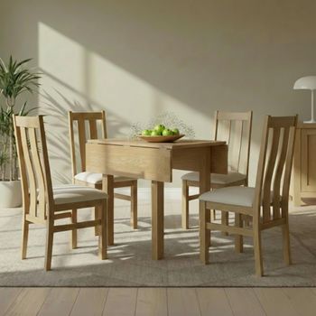 Appleby Oak 4 Seater 90cm Square Drop Leaf Dining Set with 4 Arizona Slatted Chairs & Beige Seat Pad
