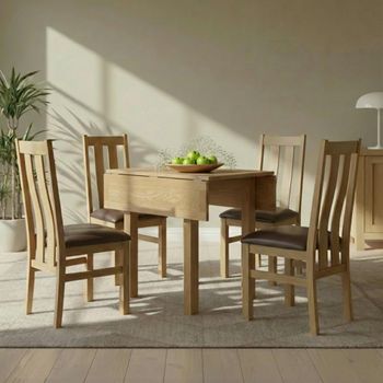 Appleby Oak 4 Seater 90cm Square Drop Leaf Dining Set with 4 Arizona Slatted Chairs & Black Seat Pad