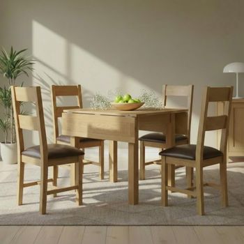Appleby Oak 4 Seater 90cm Square Drop Leaf Dining Set with 4 Ladder Back Chairs & Black Seat Pad