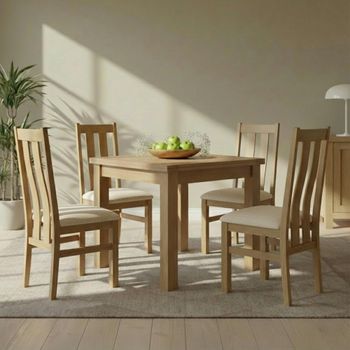 Appleby Flip Top Oak 2-6 Seater 91-183cm Dining Set with 4 Arizona Slatted Chairs & Beige Seat Pad