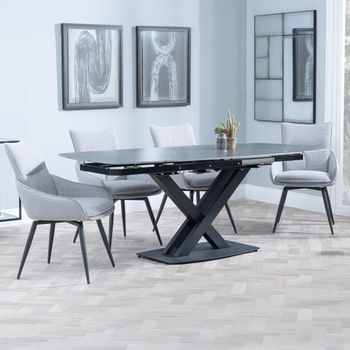 Arctic Black Ceramic Swivel Top 6-8 Seater 140-200cm Dining Set with Ace Swivel Grey Chairs
