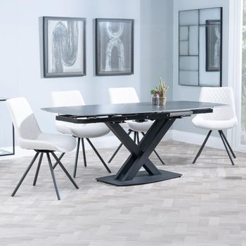 Arctic Black Ceramic Swivel Top 6-8 Seater 140-200cm Dining Set with Boden Swivel Cream Chairs