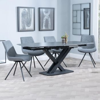 Arctic Black Ceramic Swivel Top 6-8 Seater 140-200cm Dining Set with Boden Swivel Grey Chairs
