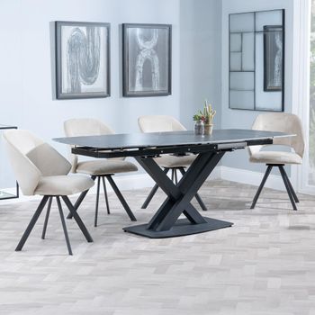 Arctic Black Ceramic Swivel Top 6-8 Seater 140-200cm Dining Set with Ion Swivel Beige Chairs