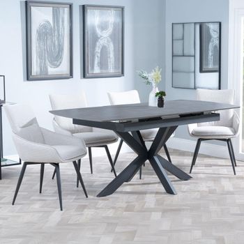 Bari Grey Ceramic 6-8 Seater 140cm-180cm Extending Dining Set with Ace Swivel Beige Fabric Chairs