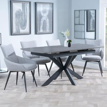 Bari Grey Ceramic 6-8 Seater 140cm-180cm Extending Dining Set with Ace Swivel Grey Fabric Chairs
